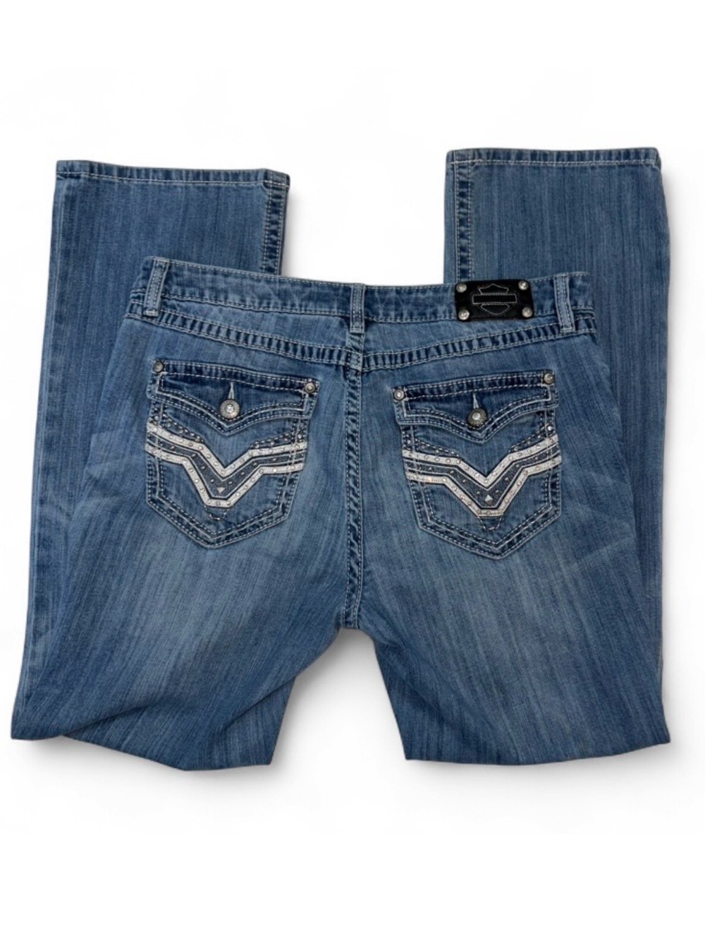 y2K Harley-Davidson Light Wash Bling Pocket Distressed Bootleg Jeans sz 14